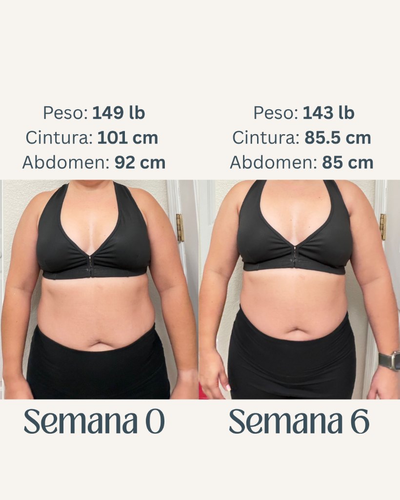 Antes y después de una integrante de 6×6: peso de 149 a 143 lb, cintura de 101 a 85,5 cm, abdomen de 92 a 85 cm en 6 semanas.